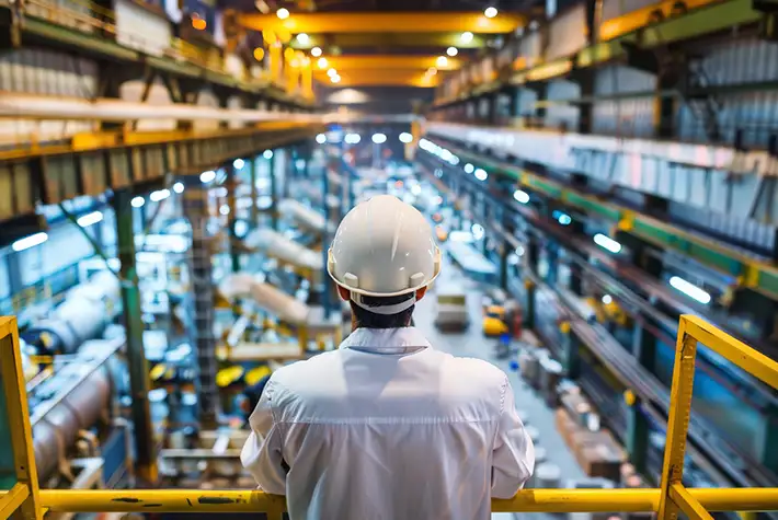 Engenheiro observa linha de produção industrial moderna, ilustrando a gestão de Lead Time na Indústria, Logística e Laboratórios com a metodologia da 2B Lean Consultoria.