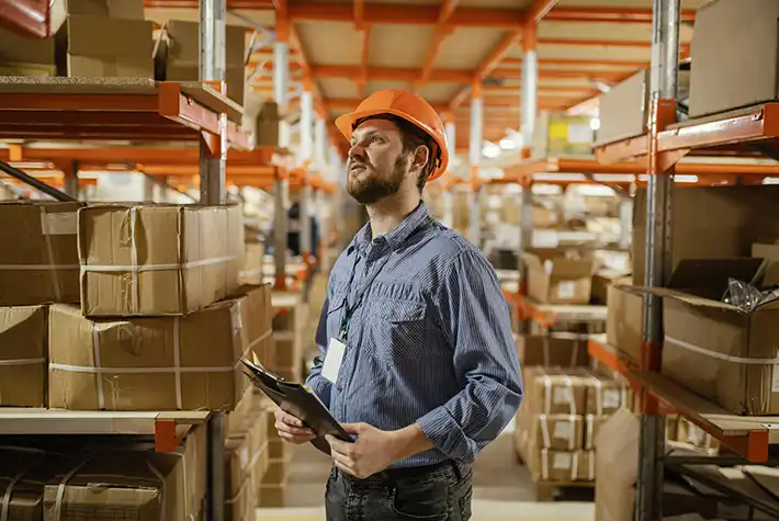 Operador em ambiente industrial com estoque e equipamentos, ilustrando o impacto de setups longos na produção.