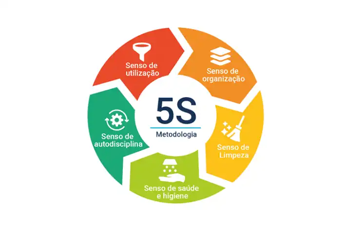 Infográfico circular explicativo sobre a metodologia 5S e suas etapas de organização para projetos Kaizen